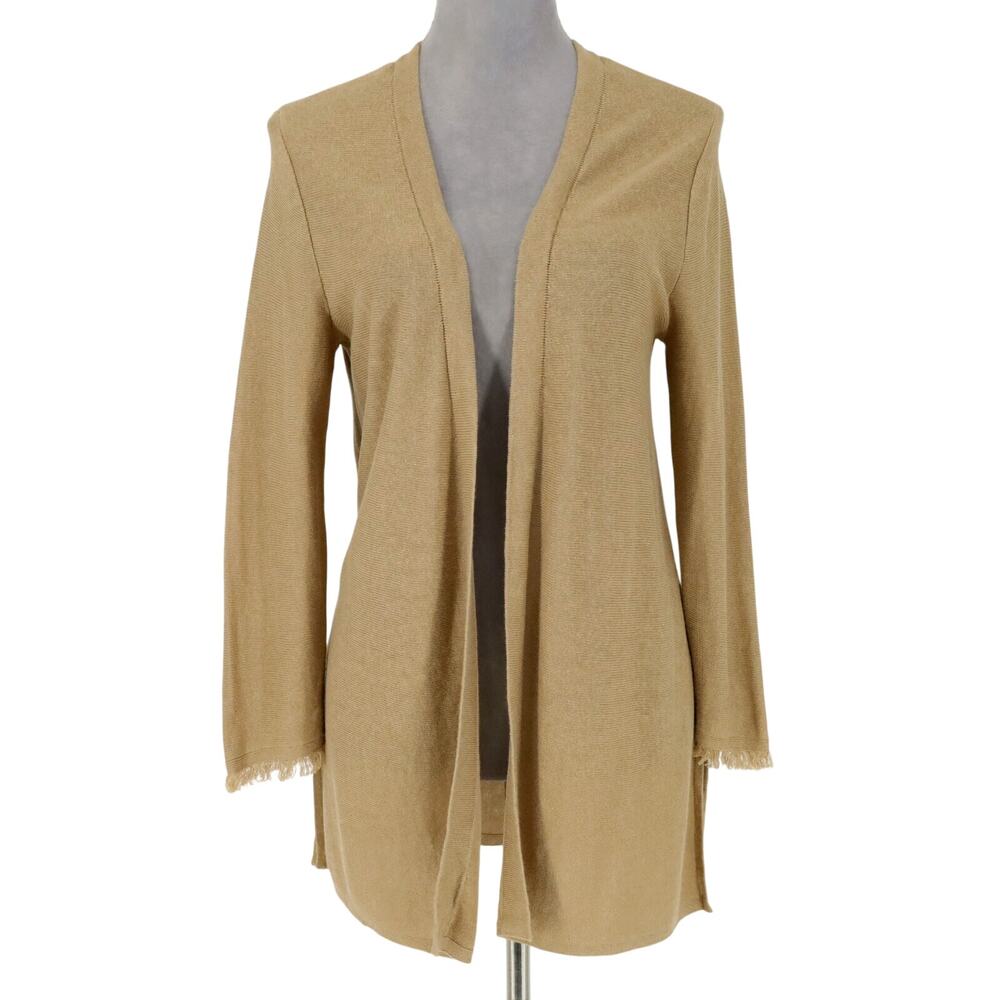 J Jill Sweater Womens XS Beige Camel Linen Blend Cardigan Fringe Trim Side Slits